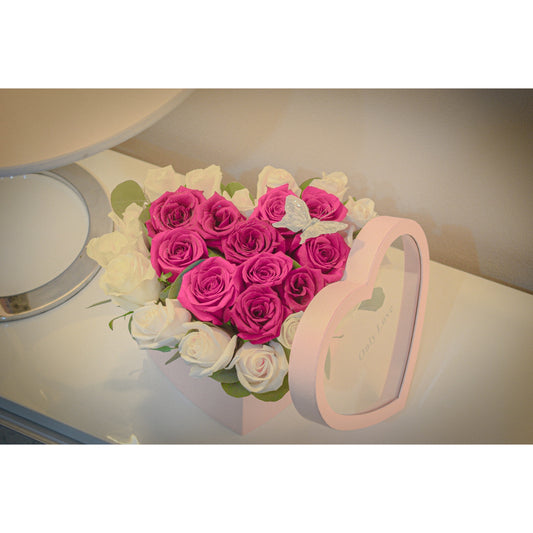 Pink Heart Shape Box with Hot Pink Roses